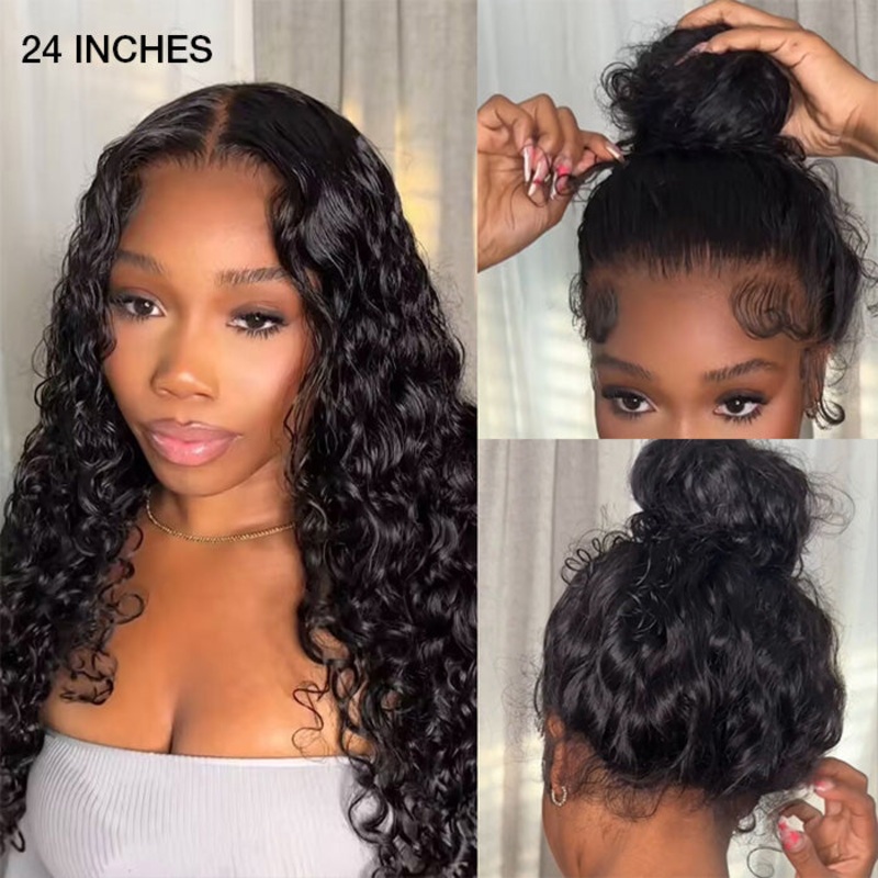 Water Wave Invisi-String Snug Fit 360 Skin HD Lace Frontal Wig Glueless Pre Bleached Human Hair Wig 14 Yes (Send Magic Ear Tape 40Pcs) 150%