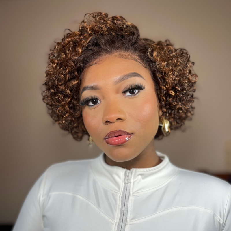 Weekly Special | Brown Highlight Short Cut Slicked Back Curly Ear-to-ear Wide T Lace Wig – US Only 8 No Edge Control Gel
