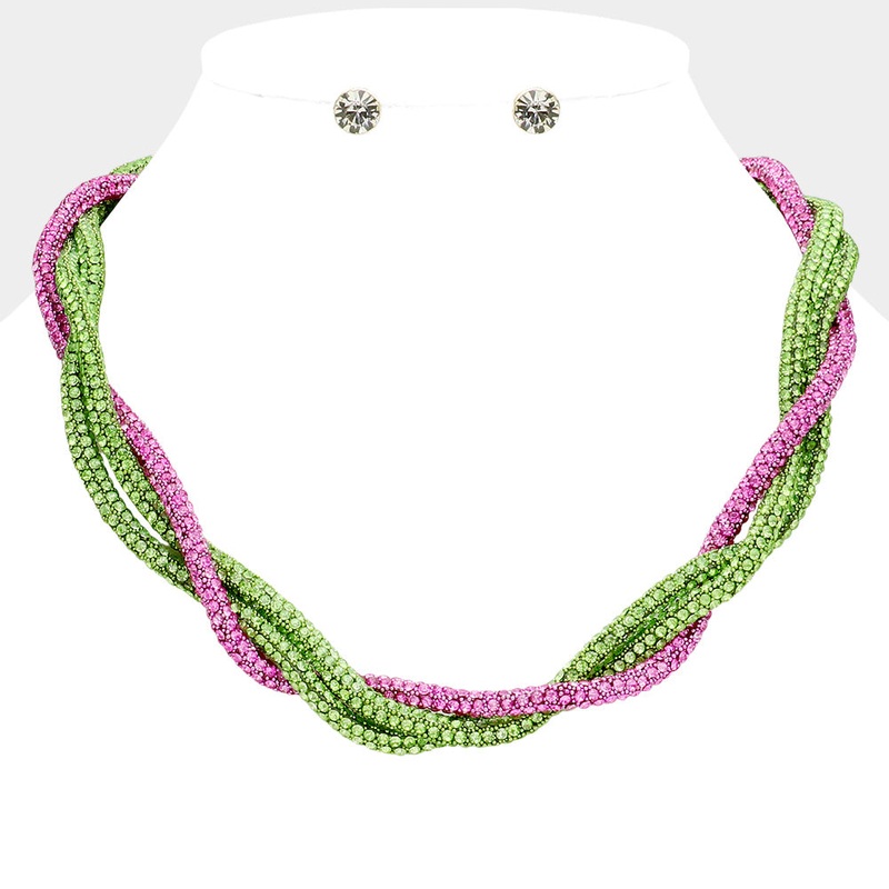 Bling Studded Twisted Necklace Pink&Green