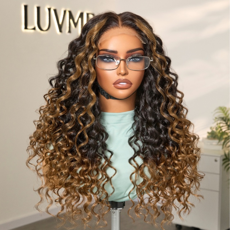 Fluffy Brown Ombre Highlights Water Wave Glueless 5×5 Closure HD Lace Long Curly Wig Breathable Cap 16 No