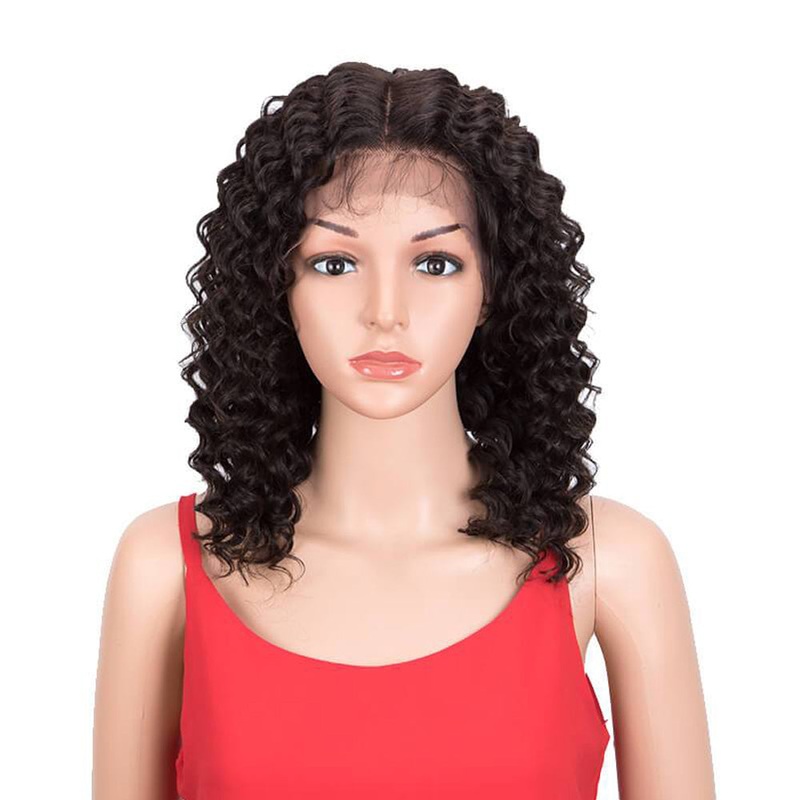 QVR Virgin Human Hair Part Lace Wig Deep Wave Wigs 14 inch