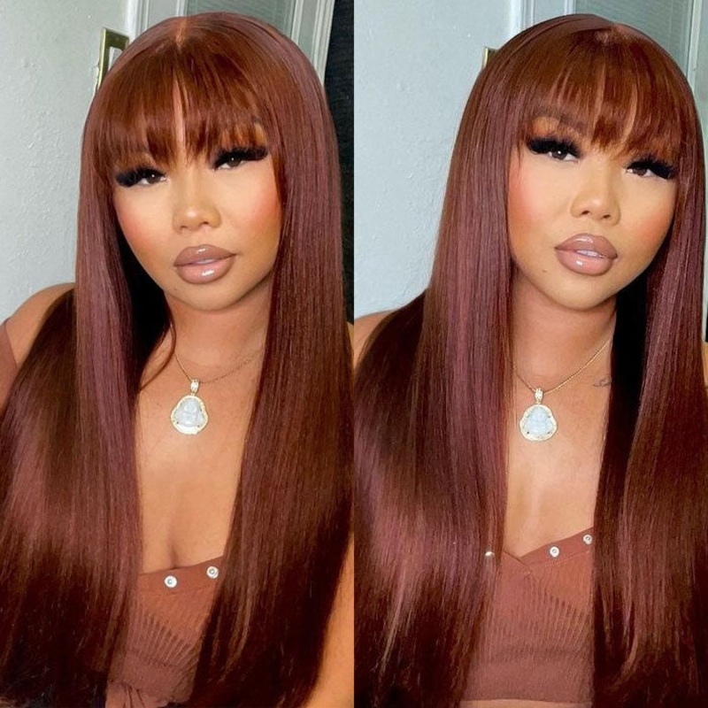 Reddish Brown Straight 13×4 Lace Front Wig With Bangs Machine Made Human Hair Wig Easy to Go 14 Full Machinemade Wig 150%