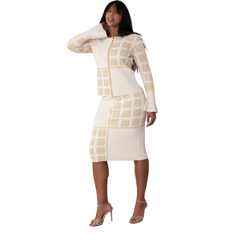 Ivory & Gold Geometric Knit Suit – 5342 WHITE/GOLD 6