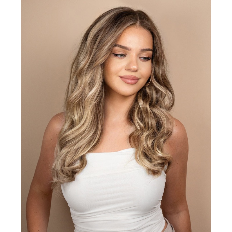 lace front human wig – 20″ ash blonde highlights.