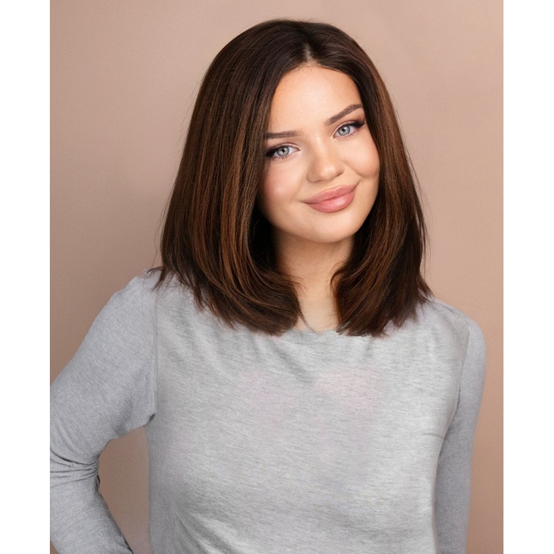 long bob human wig – 12″ rooted brown.