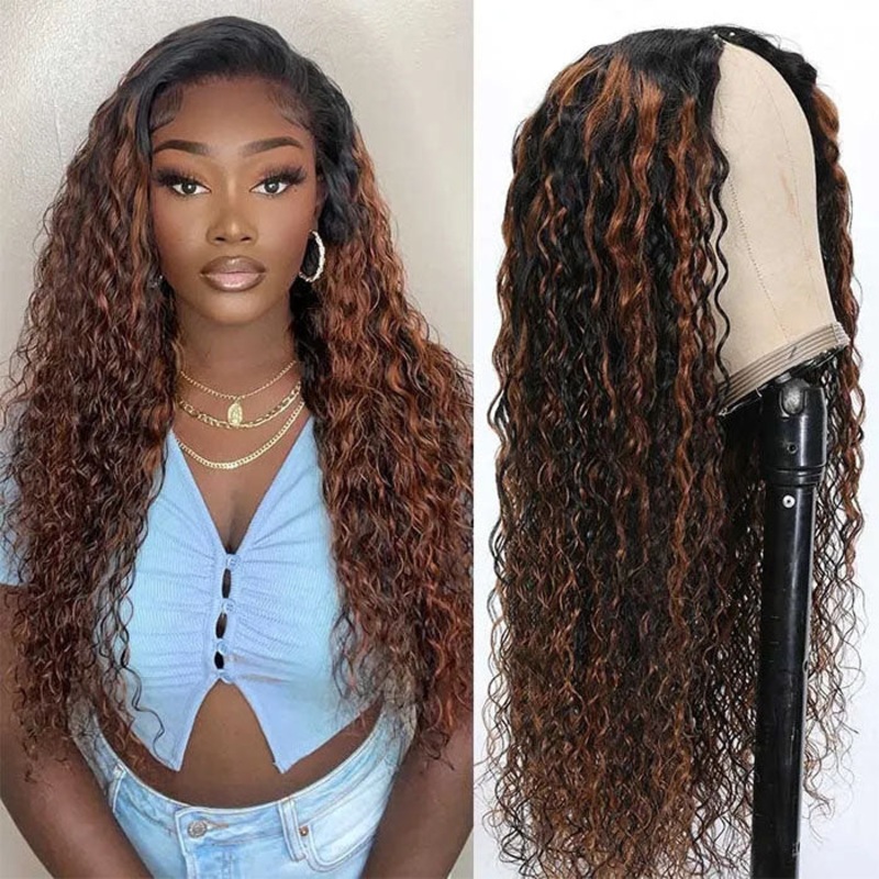 Water Wave V/U Part Wig Balayage Highlight Color Wigs Human Hair Beginner Friendly No Lace 12 V Part 150%