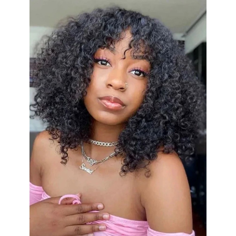 CurlyMe Kinky Curly No Lace Wigs Full Machine Made Wigs With Bangs Affordable Hair 180% 8