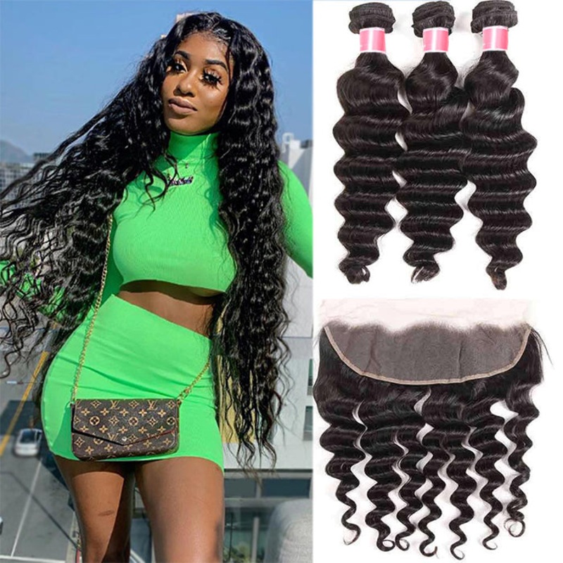 Malaysian Loose Deep Wave Virgin Hair Weave 3 Bundles With 13×4 Lace Frontal Ear To Ear 12 12 12+10