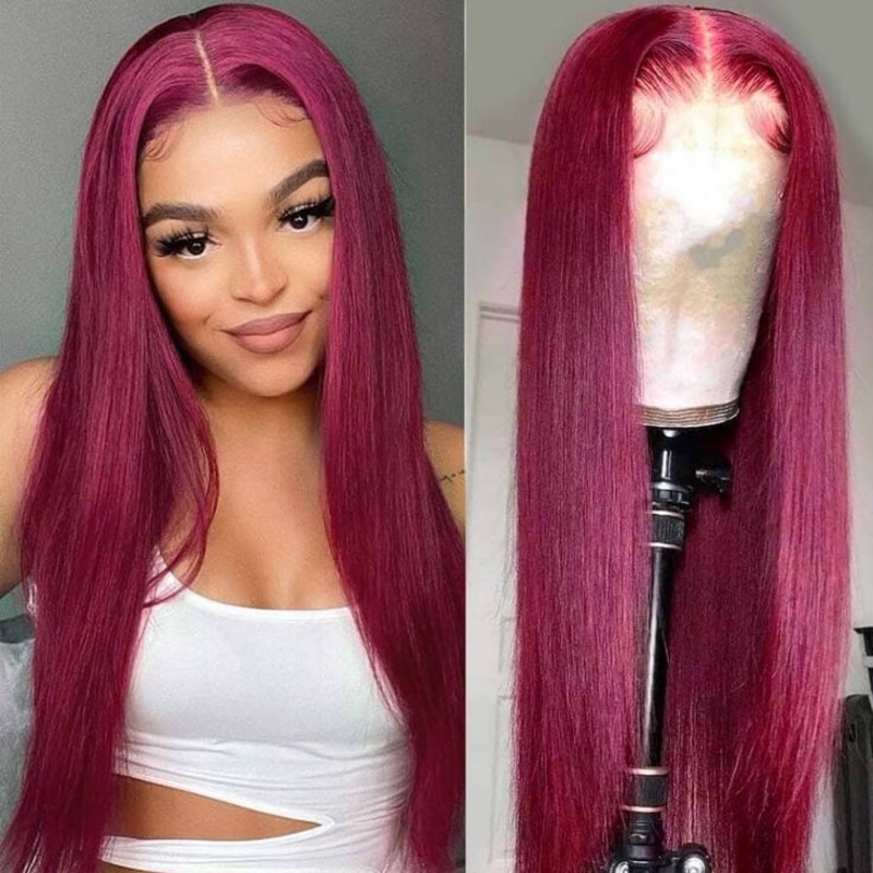 QVR New 99J HD 13×4 5×5 Lace Frontal Wigs Affordable Burgundy Straight Wigs 16 5X5 Lace Straight