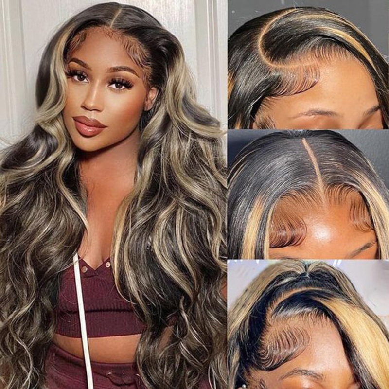 #1b/27 Blonde Highlights 4×4 HD Lace Closure Glueless Human Hair Wig 14 Straight 150%
