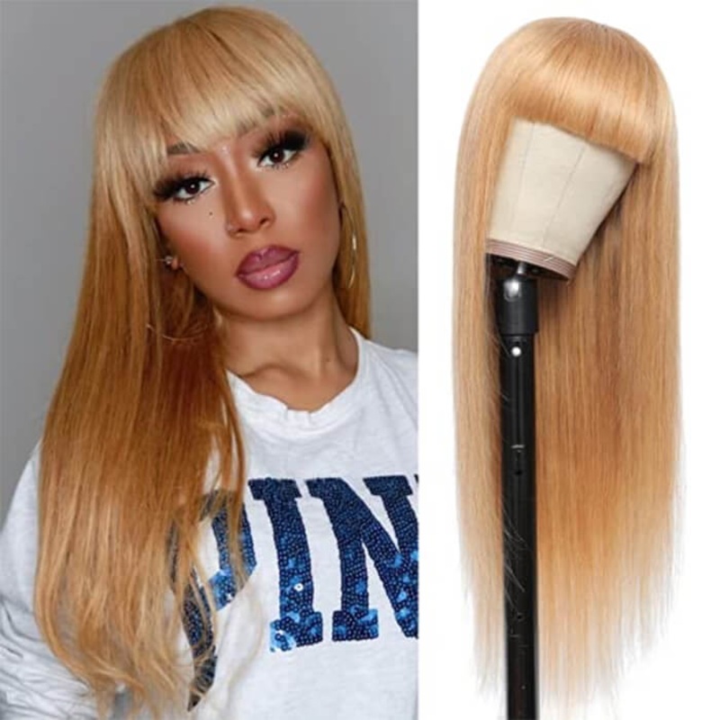#27 Honey Blonde Human Hair Wigs with Bangs 13×4 HD Lace Wig/Full Machine Made Wig With Bangs 14 Full Machinemade Wig 150%