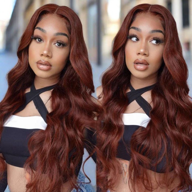 #33 Auburn Reddish Brown Color 4×4 HD Transparent Lace Closure Human Hair Wigs 14 Body Wave 150%
