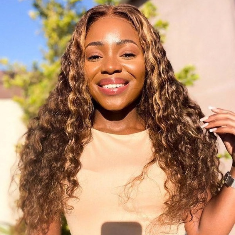 QVR Deep Wave Closure Wigs Human Hair Wigs 180% Density 4×4 Lace Closure Highlight Wigs Honey Blonde 14 P4/27 150%