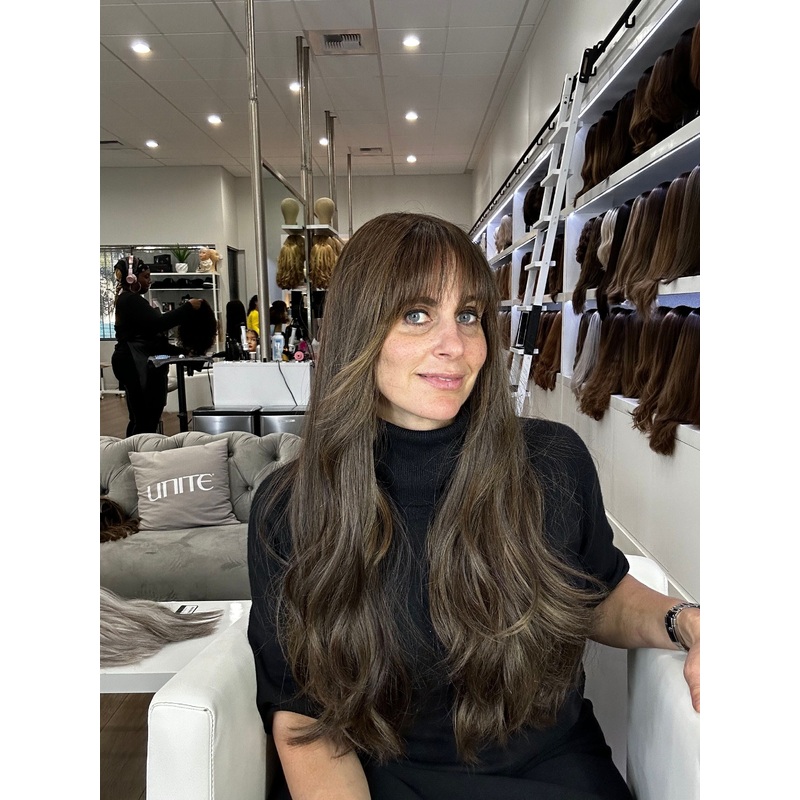 26″ Luxe Silk Top Wig #2 Neutral Dark Brown w/ Highlights & Bangs