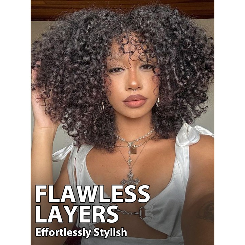 CurlyMe Layered Cut Pre-bleached Kinky Curly Hair Wear Go Glueless Wig 7×5 Pre-cut HD Lace Pre-plucked Bleached 14(bob)