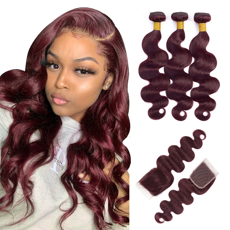 QVR Body Wave Bundles With Closure Remy Brazilian Human Hair Burgundy 99J Dyed 3 Bundles With 4×4 Closure 10″10″10″+8″