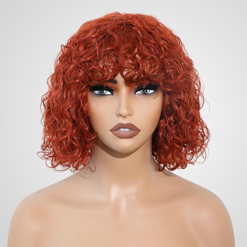 QVR Ginger Orange Color Water Wave Machine Made Wig With Bang Short Bob Wigs Machine Made Wig 10”