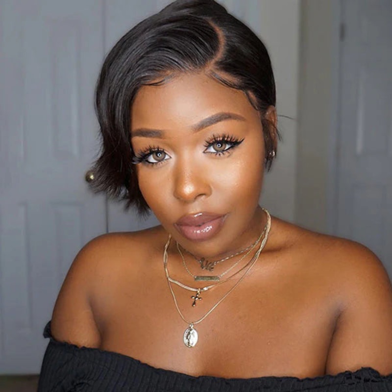 QVR Side Part Pixie Cut Short Wigs T Part Lace Wigs 1B C Part