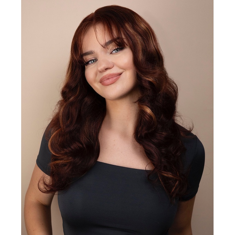 bouncy curls with bangs human wig – 18″ auburn balayage.