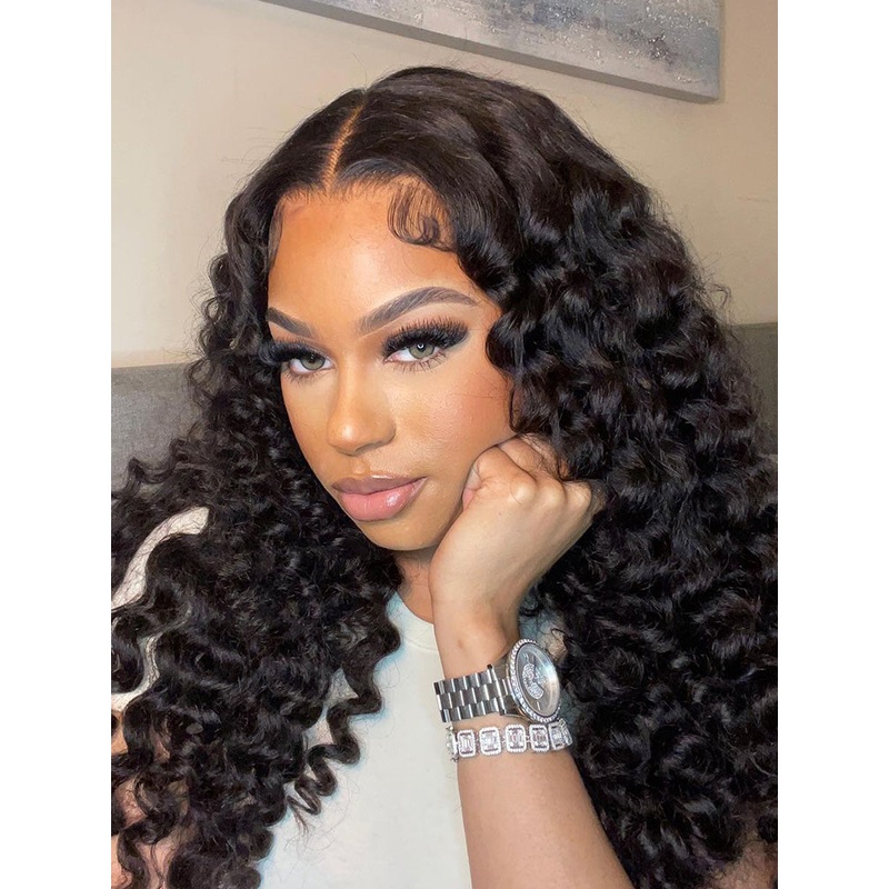 CurlyMe Loose Deep Wave Hair Gorgeous 4×4 Lace Closure Wig Pre Plucked Natural Color Curly Hair 180% Transparent Lace 8