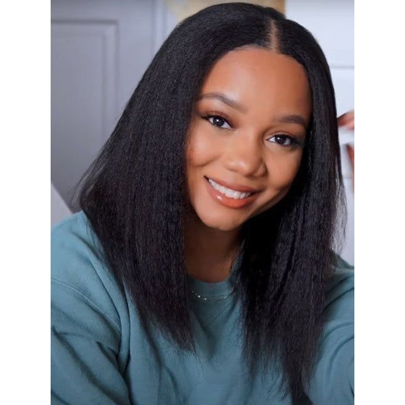 CurlyMe Pre-bleached Kinky Straight Glueless Bob Wig Pre-cut HD Lace Wear Go Pre-plucked Wig Bleached HD Lace 10