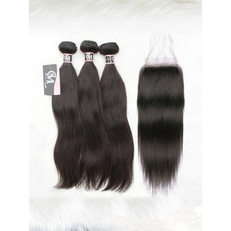 CurlyMe Straight Virgin Human Hair 3 Bundles With 4×4 Closure Natural Black 8 10 12 4×4 Closure 8
