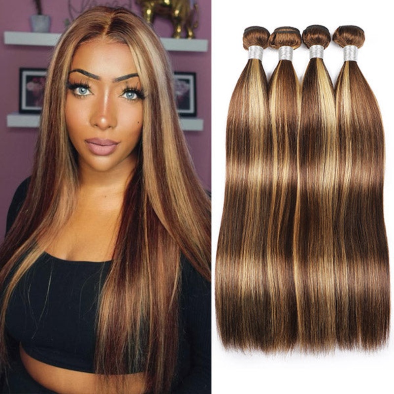 Highlight Hair Bundles Virgin Straight Human Hair 4 Bundles Ombre Honey Blonde P4/27 Color 8 8 8 8 P4/27