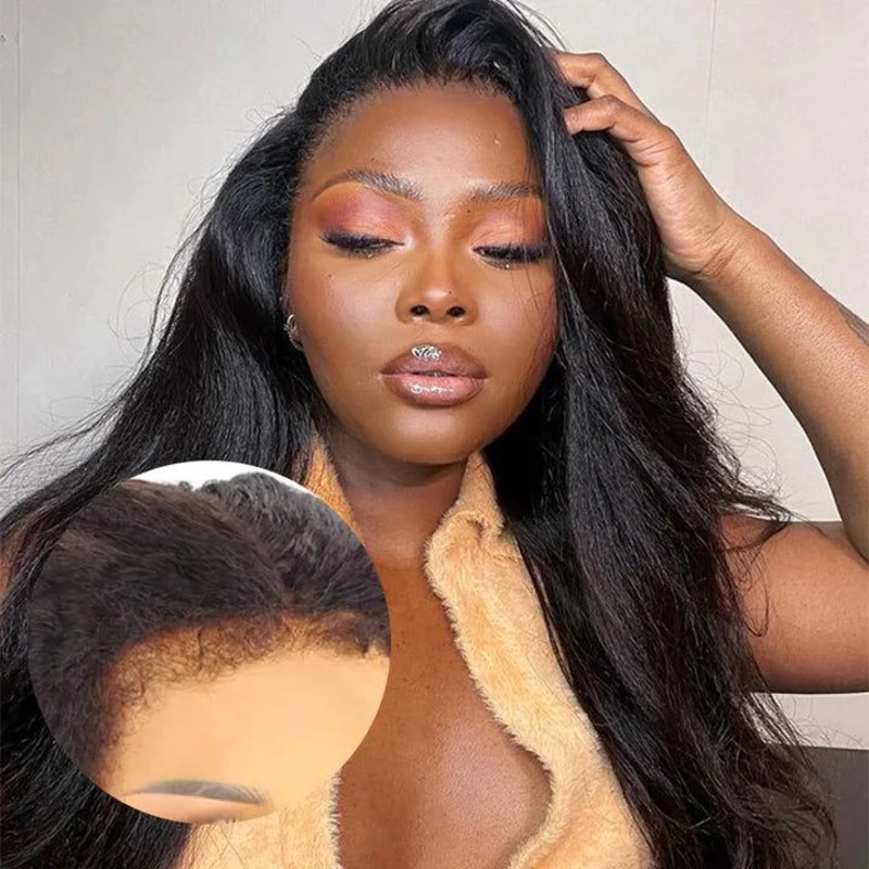 QVR Curly Edge Human Hair Wigs Straight 13×4/13×6 Lace Frontal Wigs With Kinky Edges Baby Hair 13×4 Lace 150% 14”