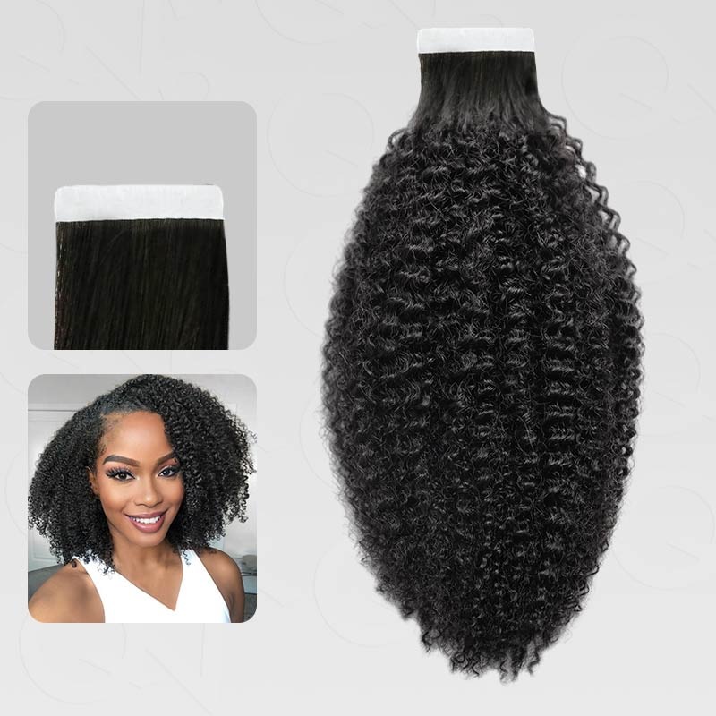 QVR Seamless Afro Kinky Curly Tape in Hair Extensions Natural Black Human Hair 12” 1 Pack (20 PCS)