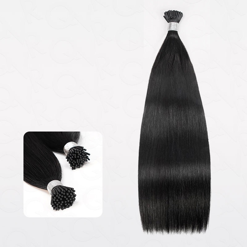 QVR Silk Straight I Tip Hair Extensions Natural Black Human Hair Straight 1 Bundle 14”