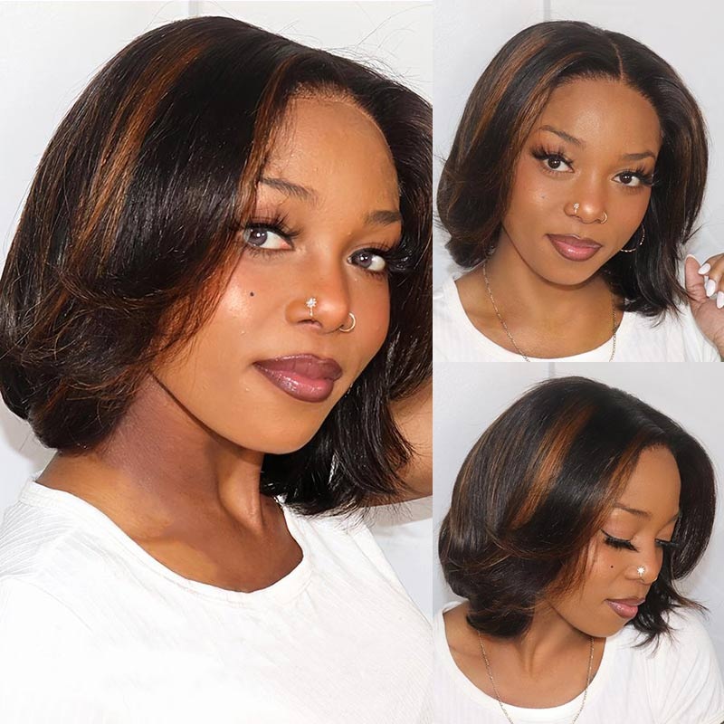 QVR Swoopy Layers Trim 5×5 Closure Stacked Bob Wig Brown Highlights Human Hair 10” 5×5 Lace (Pre-cut)