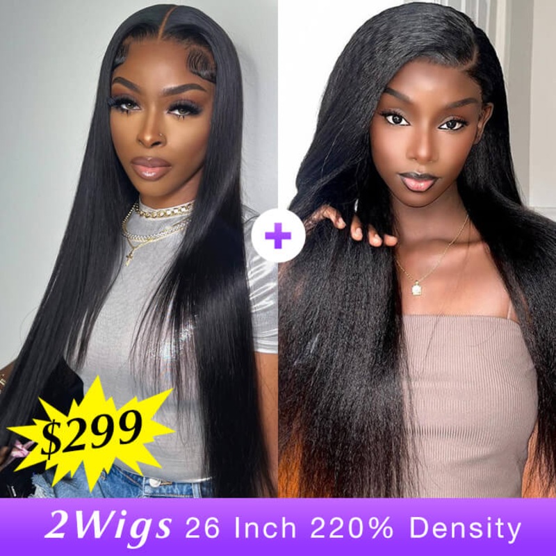 [2Wigs 26inch] Straight & Kinky Straight 8×5 Zig Zag Pre Cut HD Lace Ready to Go Glueless Wigs Straight Wig – 26inch 220% – 8×5 Pre Everything Kinky Straight Wig – 26inch 220% – 8×5 Pre Everything