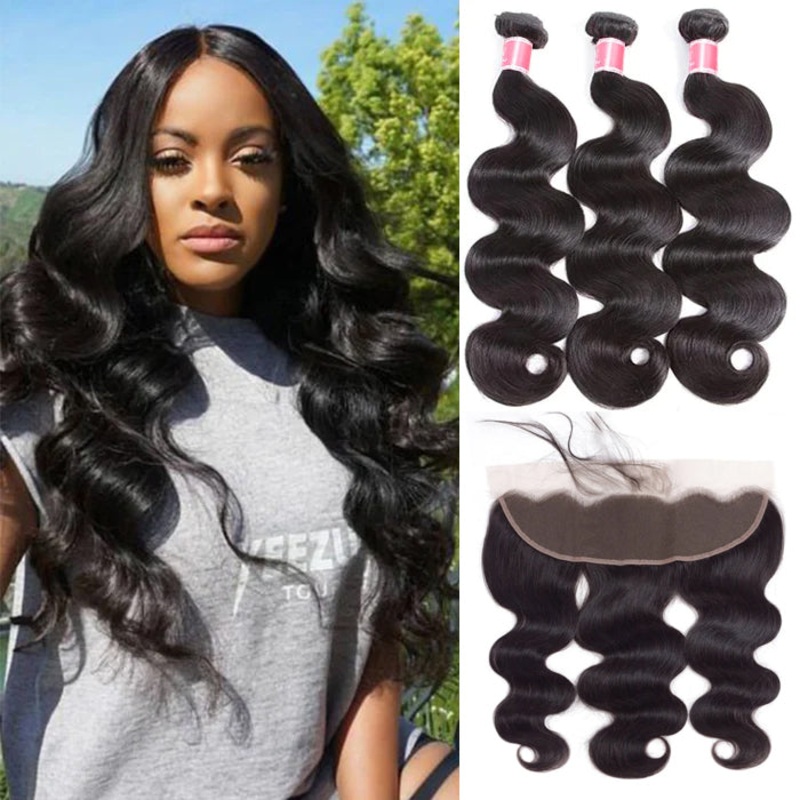 Brazilian Body Wave Virgin Hair Weave 3 Bundles With 13*4 Lace Frontal 12 12 12+10 Natural Black Color