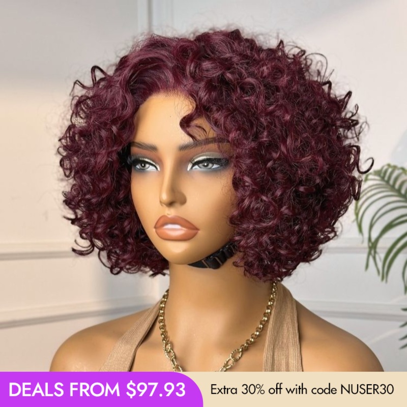 New Customers Only | Trendy Burgundy Curly Bob Glueless Minimalist HD Lace T Part 99J Hair Color Wig 100% Human Hair 8 No