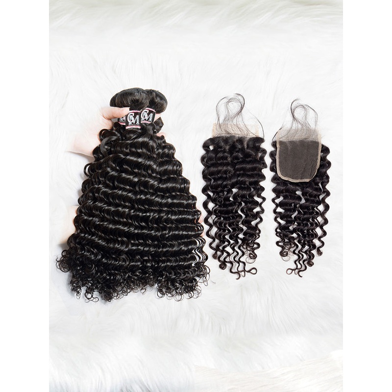 CurlyMe Deep Wave Virgin Human Hair 4 Bundles with 4×4/5×5 Closure Natural Black 8 8 10 10 4×4 Closure 8