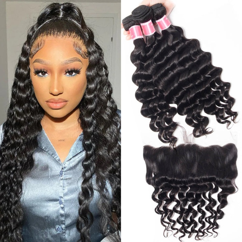 Malaysian Loose Deep Wave 4 Bundles With 13X4 Ear To Ear Lace Frontal Natural Color 10 10 12 12+8