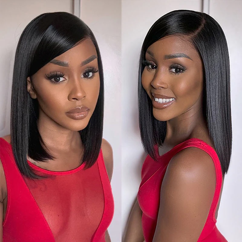 QVR Swoop Bangs Silky Straight Glueless 5×5 Closure  Deep Left C Part Lace Bob Wig 10” 5×5 Lace (Left Part)