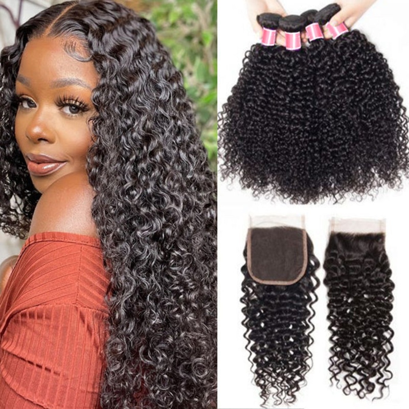 Brazilian Curly Hair 4 Bundles with 4*4 Lace Closure Virgin Human Hair 10 10 12 12+8 Free Part