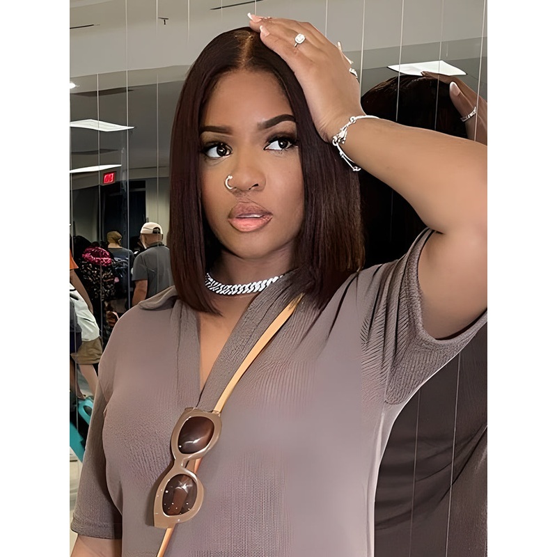 CurlyMe #2 Natural Brown Color Bob Wigs Straight Hair Lace Front Wigs 4×4 180% 10