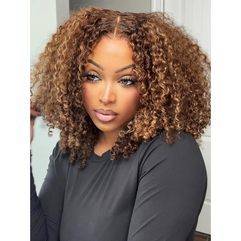 CurlyMe Highlights Ombre Hair Wear Go Glueless Wigs Pre Cut Transparent Lace Wigs Kinky Curly 12(bob)
