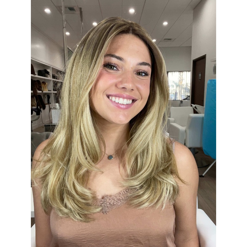 22″ Reese Silk Top Wig Ash Blonde Wavy w/ Rooting Color Service