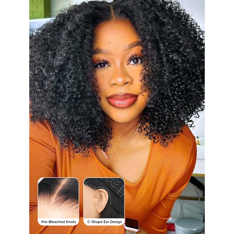 CurlyMe Pre-cut 9×6 HD Lace M-cap Wear Go Glueless Mini Knots Kinky Curly Hair Bob Wig Pre-plucked Transparent Lace 180% 8(bob)