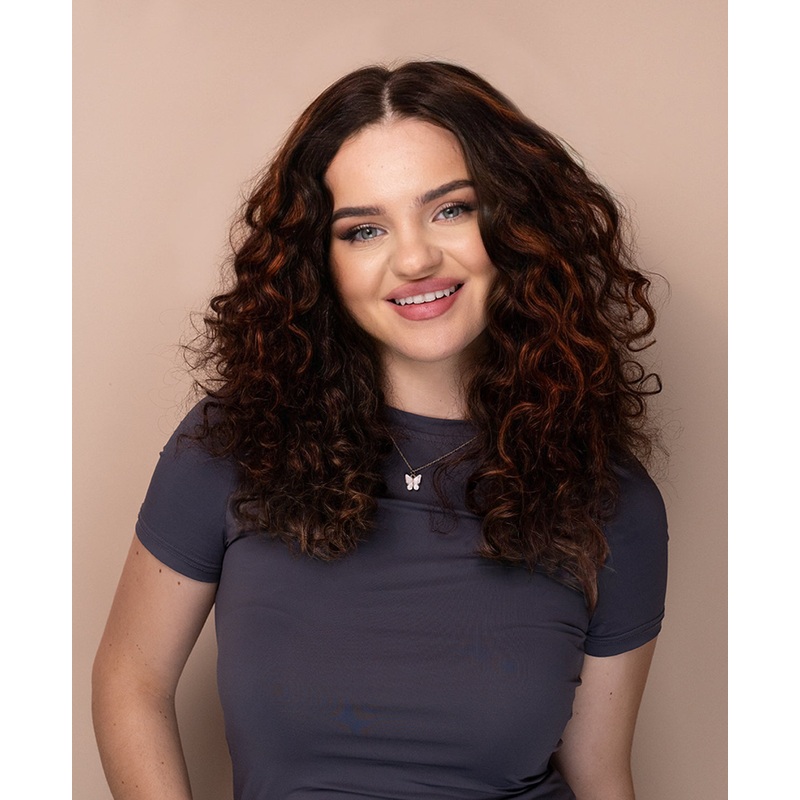 lace front human wig – 16″ curly brown with highlights.