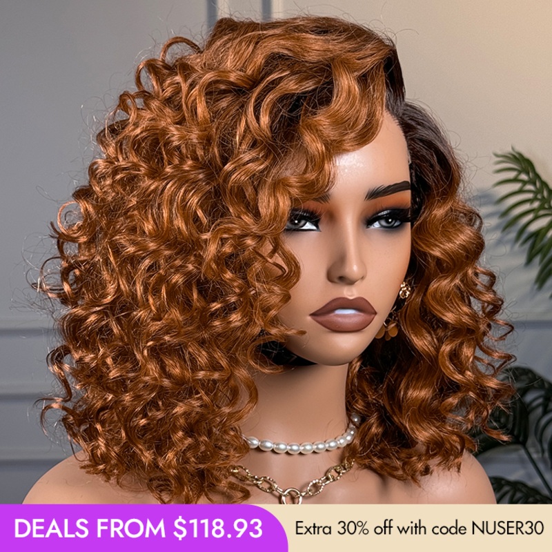 New Customers Only | Ginger Ombre Bouncy Curly Glueless Minimalist HD Lace Short Wig 100% Human Hair 10 Yes