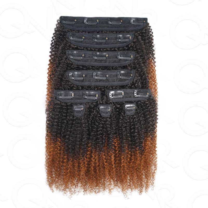 QVR Ombre Brown 9PCS Weft Clip In Hair Extensions Volumizer #T1B/30 Afro Kinky Curly Clip In Human Hair Weft Clip Ins (Thick 250% Density) 9 PCS 14”