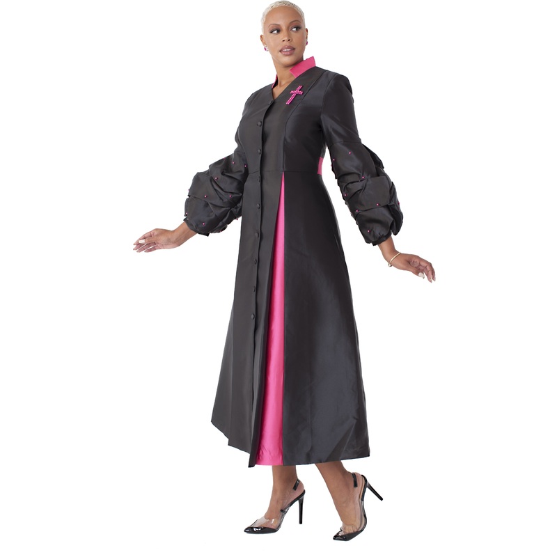 Womens Clergy Collar Plus Size Cassock Robe -4730W BLACK/FUCHSIA 16W
