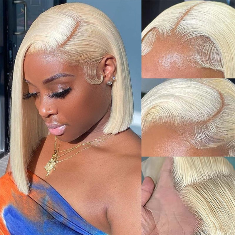 613 Blonde Straight Bob Wigs Human Hair Pre Plucked Glueless HD Lace Wig 220% Density 8 13×4 Lace 220%