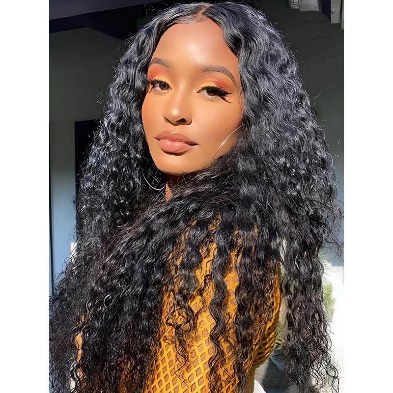 CurlyMe Water Wave Hair T part HD Lace Front Wigs Human Hair Natural Black 180% 8