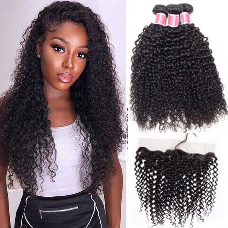 Peruvian Curly Hair Weave 3 Bundles with 13×4 Lace Frontal Ear To Ear 12 12 12+10