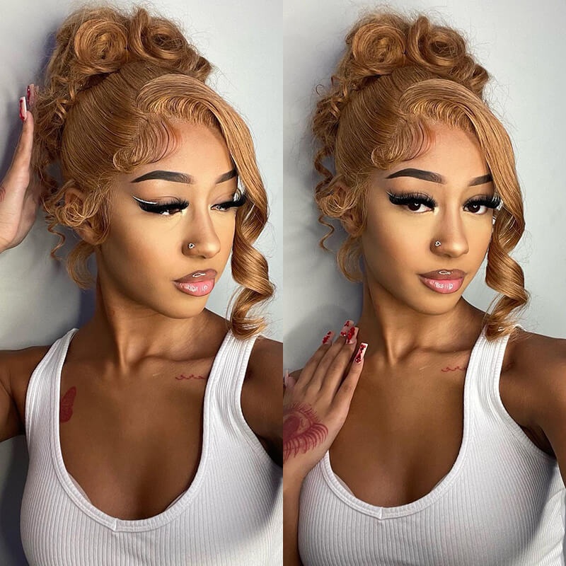 QVR #27 Honey Blonde Colored Wig Body Wave 4×4/5×5/13×4 Transparent Lace Wig Human Hair Wigs 13×4 Lace 14 Straight